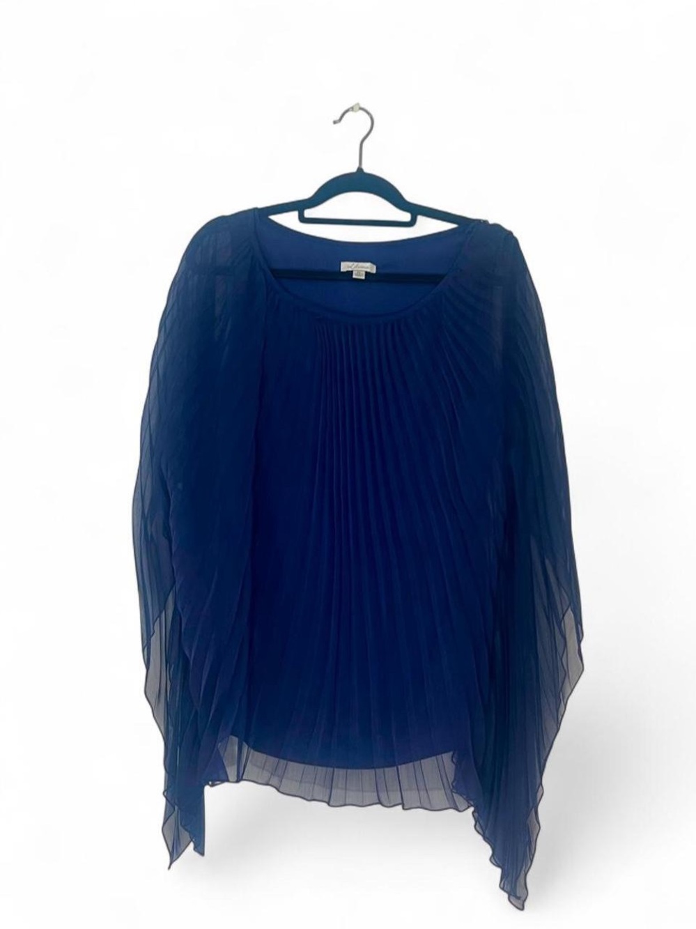 Simply Liliana Navy Blue pleated blouse with a chiffon poncho-style overlay